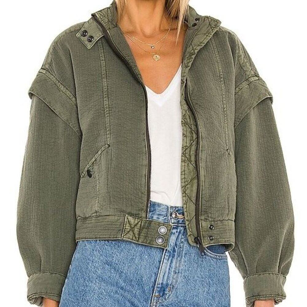 NWT Free People Women's Florence Bomber Jacket in Olive Smoke Green Size Large